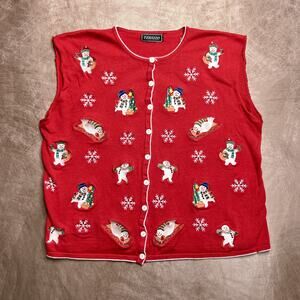 Vintage 90s Terazzo Embroidered Snowman Sleeveless Holiday Vest Knit Christmas